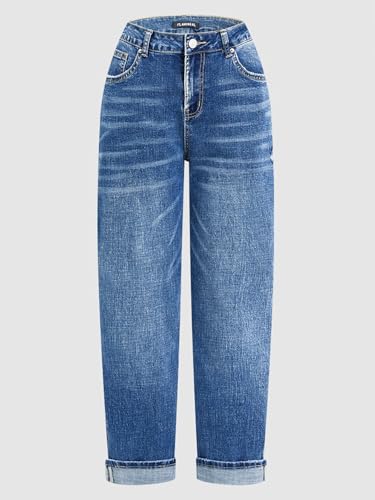 Flamingals Women's Straight Leg Mid Waist Casual Ripped Cropped Jeans for Women Destroyed Roll Hem Denim Jeans4