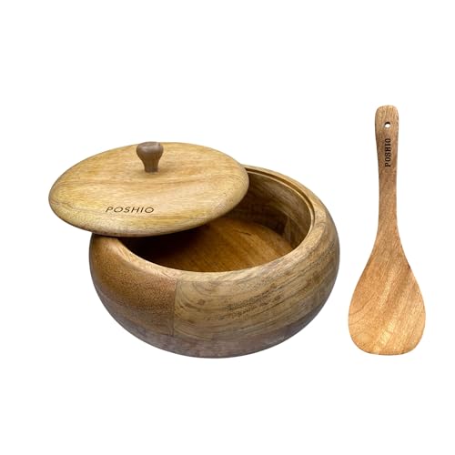 Image of POSHIO Wooden Casserole Hotpot Box with 1 Ladle, Breads Storage & Serving Box | Mango Wood Container | Non-Toxic Polished Serveware- Natural Wood Finish (1, Natural, 9x9x4in, Style 2)