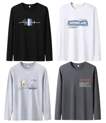 [SIPERLARI] Tシャツ 長袖 メンズ 綿100% 4点セット 肉厚生地 プリント 大きいサイズ 肌着 丸襟 柔らかい インナーシャツ 4枚組 おしゃれ ファッション 快適 春秋冬 服(プリント M)