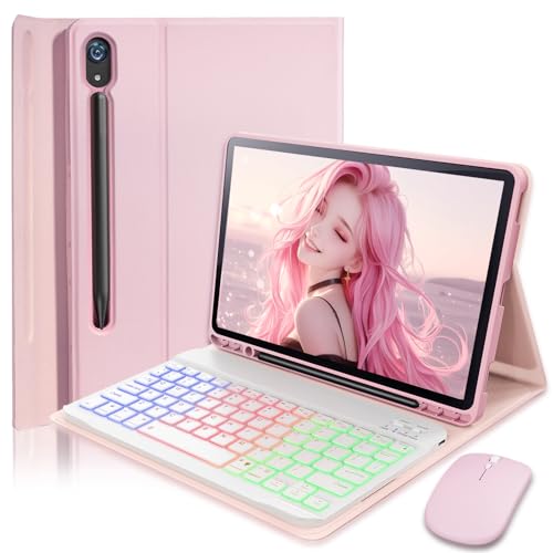 Case Keyboard for Samsung Galaxy Tab S10 Lite - S10 FE - S9 FE - S9 - S8 10.9-11 inch Cover - 7 Color Rainbow Change Backlit Detachable Magnetic Keyboard with S Pen Holder with Mouse - Pink
