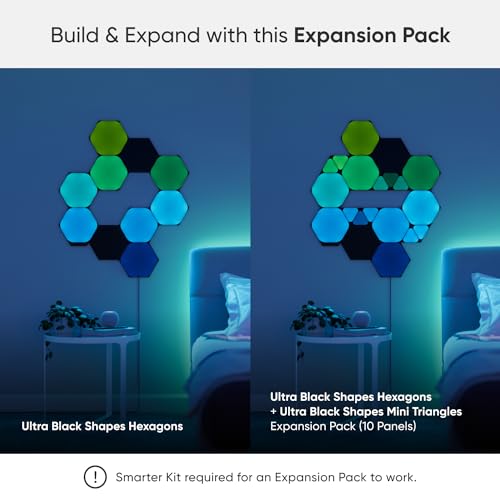 Shapes Ultra Black Mini Triangle Expansion Pack, 10 Triangoli LED Aggiuntivi RGBW - Applique da Parete Interno Modulari, Luci Led 16M Colori WiFi, Funziona con Alexa, Sincronia Musica/Monitor - Illuminazione - Immagine 1