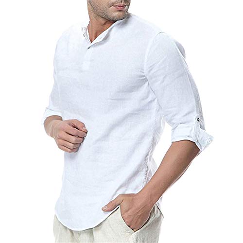 Camisa De Lino con Manga Larga Cuello Mao Color Sólido Blusa con Cuello En V Camisa Regular Corte Camisa para Hombre Camisa Casual De Verano,Blanco,M
