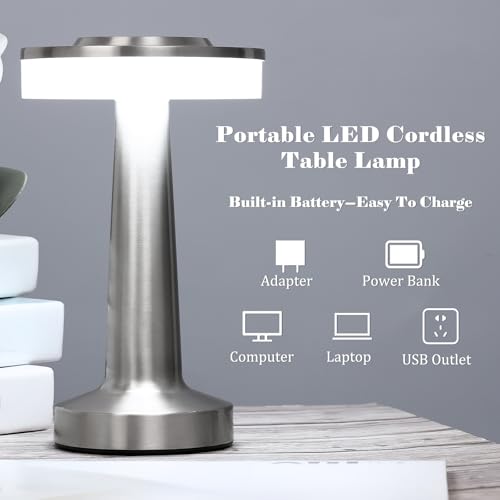 Image of Riakrum 1 Pcs LED Cordless Table Lamp Bulk Rechargeable,Silver | Portable Wireless Lamps, 3 Color Stepless Dimming, 15 Hour Battery, Touch Control, Wedding Home Restaurant Decor