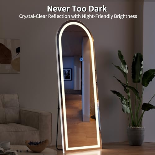 Image of Koonmi LED Arched Full Length Mirror, 65 inchx24 inch Full Length Mirror with Lights, Lighted Floor Mirrors with Stand, Full Body Mirrors with Dimming & 3 Color Lightingfor Living Room Cloakroom, White