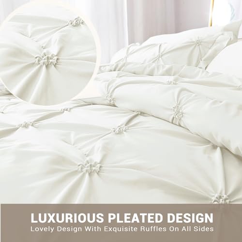 JOLLYVOGUE Ivory Full Size Comforter Sets 7 Pieces, Pintuck Bed in a Bag Comforter Set for Bedroom, Bedding Comforter Sets with Comforter, Sheets, Ruffled Shams & Pillowcases