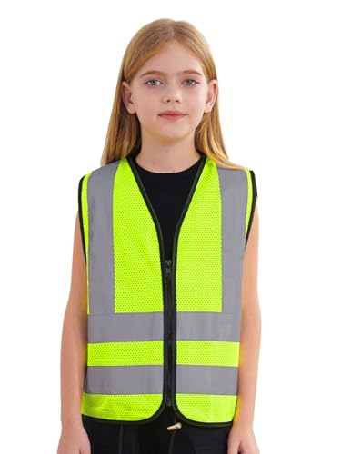 MSemis Gilet de Haute Visibilité pour Garçon et Fille - Sécurité Standard Sans Manches, Réfléchissant Zippé, Signalisation, Travail - 3-12 Ans, Jaune Fluo, B - 10-12 Ans