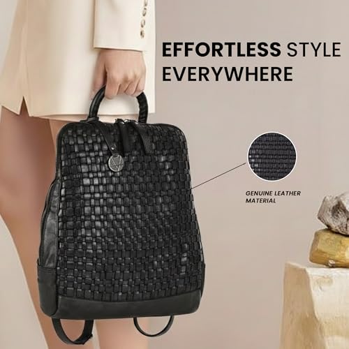 Image of 12.5 Inch Genuine Leather Backpack for Women and Men, Black Leather Backpack with Adjustable Shoulder Strap