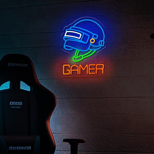 Image of Gamer Neon Sign Chicken Dinner Neon Sign for Wall Decor Level-3 Helmet USB Dimmable LED Neon Lights for Boys Girls Room Gameroom Holiday Birthday Christmas Gift