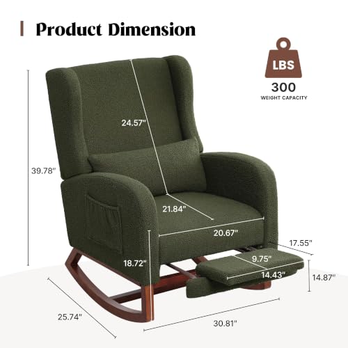 Image of HCHAIRH Rocking Chair Nursery with Foot Rest, Wingback Nursery Rocking Chairs Teddy Nursing Chairs Glider Rocker with Pillow for Living Room, Bedroom, Green