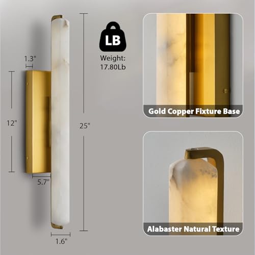 Image of 25in Alabaster Wall Sconces Brass Alabaster Sconce Spanish Marble Bathroom Vanity Sconces Long Modern Wall Light for Living Room Bedroom Staircases Indoor Gold