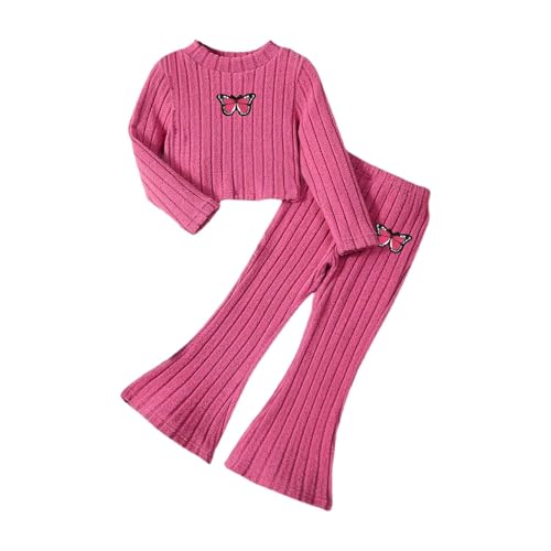 Purple Red Girls Rib Knit Clothes 2 Piece Loungewear Set Yellow Long Sleeve Pullover Tops and Flare Pants Baby Girls' Pyjamas Toddler Kids Tracksuits Knitted Sweatshirts Trousers Autumn Casual Outfits