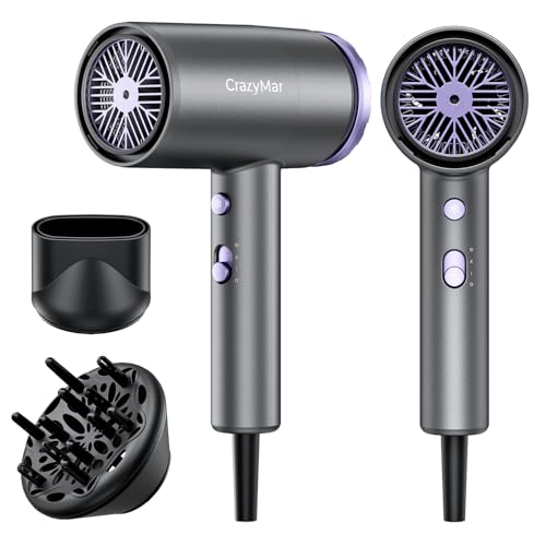 CrazyMar Phon Capelli Professionale,350M Ioni Negativi Asciugacapelli,5X Asciugatura Rapida,Leggero Portatile,3 Velocità/Temperature - per Casa, Salone,Viaggiatori e Parrucchieri (Grigio)
