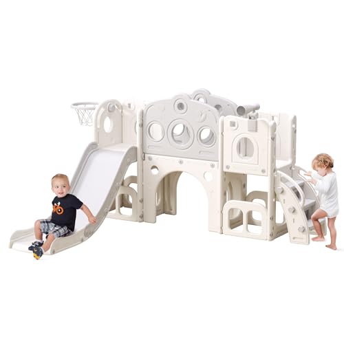 Image of CuFun 8 in 1 Toddler Slide, Outdoor Indoor Playset for Kids Baby Age 1-3, Childs Climber Slide with Storage Space and Non-Slip Steps, Basketball Hoopa and Telescope, Grey & White