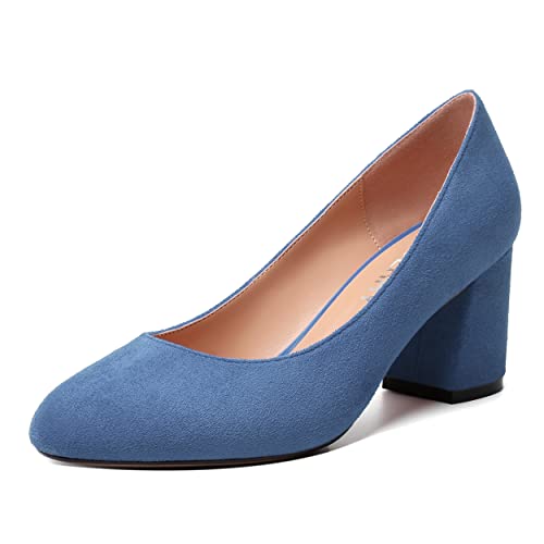 SKYSTERRY Womens Cute Round Toe Slip On Suede Wedding Block Mid Heel Pumps Shoes 2.5 Inch