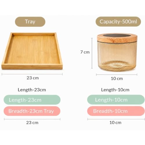 Image of Borosilicate Golden Ribbed Glass Storage Jar Set with Bamboo Tray, Set of 4 (500ml), Airtight Round Glass Containers with Bamboo Lids & Silicone Seal, Dry Fruit Storage Jars for Spices