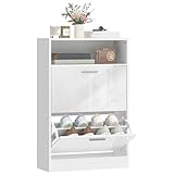 HOMCOM Meuble à Chaussures 8 Paires, Armoire à Chaussures étroite 2 tiroirs rabattables à Haute Brillance, étagères réglables et Compartiment Ouvert, pour Couloir et entrée, 59 x 24 x 90 cm, Blanc