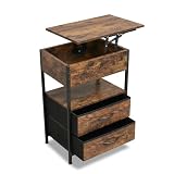 KOMTWNM Nachttisch Industrial Style mit Geheimfach und 2 Schubladen, Nachttisch Holz höhenverstellbar, Nachttisch Vintage, Bed Side Table, Nachttisch für Boxspringbetten, Beistelltisch Holz