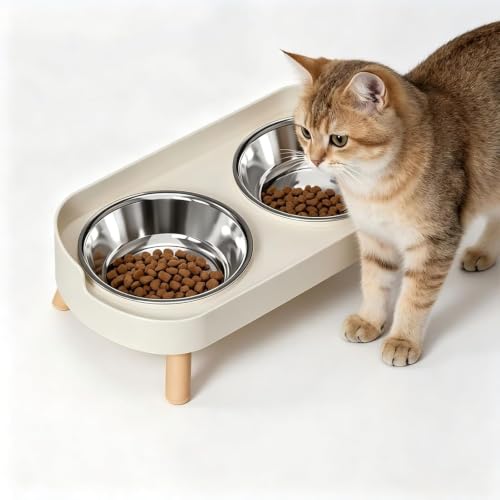 Image of Elevated Cat Feeder Bowl, Anti-Choking Raised Cat Food and Water Bowl with Wooden Stand, Pet Feeding and Drinking Supplies for Small and Medium Sized Dogs (Cat Bowls-White)