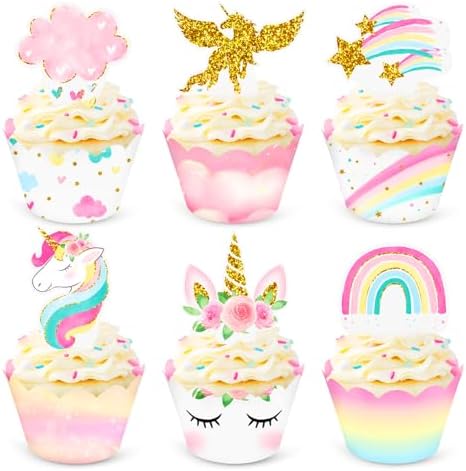 NICROHOME 30PCS Unicorn Cupcake Toppers, Rainbow Unicorn Cake Decorations for Birthday, Girls Unicorn Party Decorations
