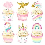 NICROHOME 30PCS Unicorn Cupcake Toppers and Wrappers, Reversible Rainbow Unicorn Cup Cake Topper for Girls Birthday Party, Unicorn Theme Party, Fairy Birthday Decorations