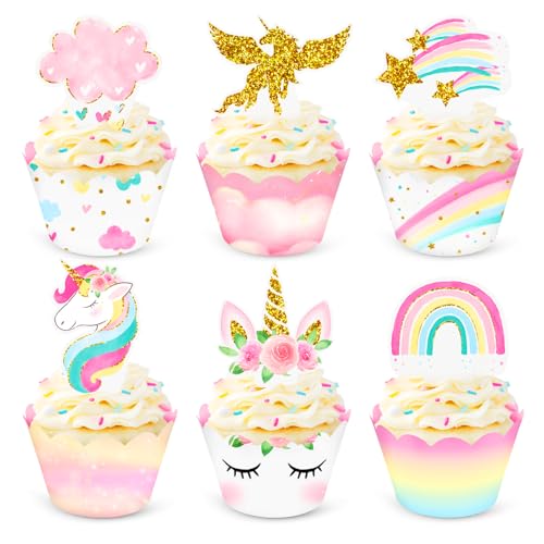 NICROHOME 30PCS Unicorn Cupcake Toppers and Wrappers, Reversible Rainbow Unicorn Cup Cake Topper for Girls Birthday Party, Unicorn Theme Party, Fairy Birthday Decorations