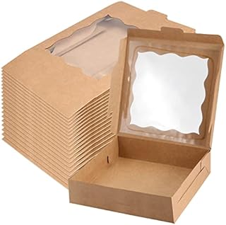 KOHAND 20 PCS 10 x 10 x 2.5 Inch Brown Bakery Boxes with Clear Widow, Kraft Paper Mini Cake Boxes, Hard Bakery Box for Display Cookie, Donut, Pie, Muffin, Pastry