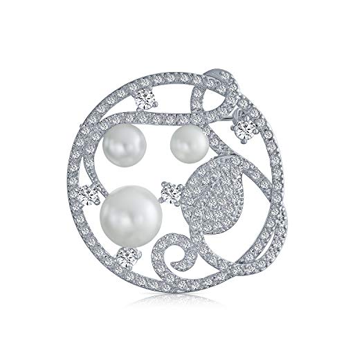 Bling Jewelry Bridal CZ Round Swirl Leaf Fashion Statement White Simulated Pearl Circle Scarf Brooch Pin for Women Rhodium Plated