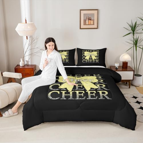 Image of Feelyou Cheer Bow Comforter Set All Season Cheerleader Bedding Set with 2 Pillow Cases Funny Sport Microfiber Kids Queen Bedclothes Yellow Bedroom Decor Duvet Quilt Breathable Soft Lightweight