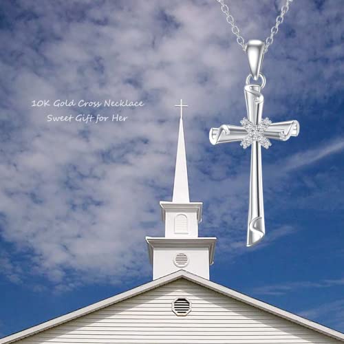 SISGEM White Gold Cross Necklace for Women,10K Real Gold Cross Pendant Necklace Cross Jewelry Gifts for Birthday Christmas Anniversary 16+1+1 inch2