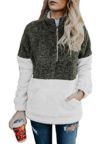Aleumdr Womens Winter Cozy Fleece Color Block Long Sleeve Zip Turtleneck Sweater Fluffy Sweatshirt Fuzzy Pullover with Pockets Loose Outerwear Army Green XX-Large 18 20