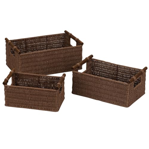 Household Essentials Decorative Woven Baskets Set of 3, Paper Rope with Wood Handles and Metal Frame, Small, Medium and Large, Brown