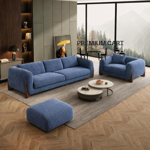 Image of Upholstered 3 Seater Sofa Three Seater Sofa with Wooden Legs for Living Room Hotels & Offices (3+1+Puffy Boucle Blue)