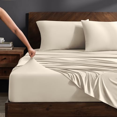 Image of Bare Home Cooling Performance Jersey Knit Stretch Sheet Set, Moisture-Wicking & Breathable, 4-Way Stretch Bed Sheets, Envelope Pillowcases (Full, Sand)