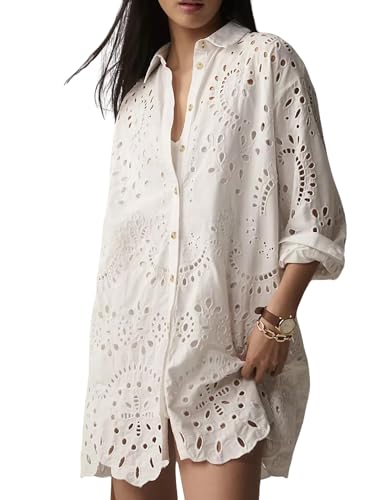 CHARTOU Women Eyelet Lace Dress Button Down Shirt Loose Fit Summer Casual Mini Dress
