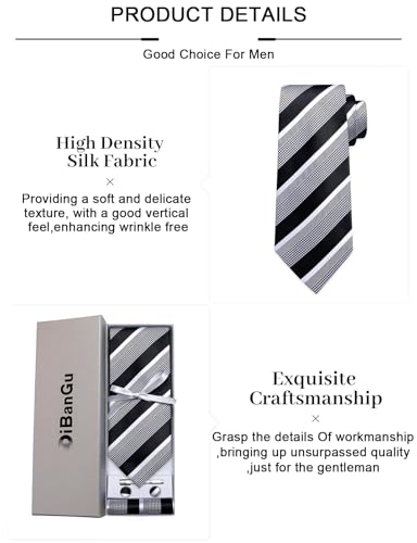 Image of DiBanGu Mens Striped Tie Silk Woven Necktie and Pocket Square Cufflinks Tie Clip Set Wedding Business Formal Gift Tie for Men