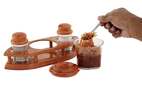 Image of Nabhya Complete Dining Table Set of Pickle Jars, Salt and Pepper Dispenser, Toothpick Holder and Spoon Holder(Wooden Look Design, Plastic) (FINE and Dine)