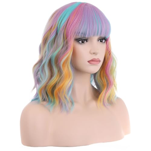 PATTNIUM 14 Inches Rainbow Wig Short Wavy Pastel Wig with Bangs Multi Color Wigs for Women Girls Heat Resistant Synthetic Cosplay Costume Wigs