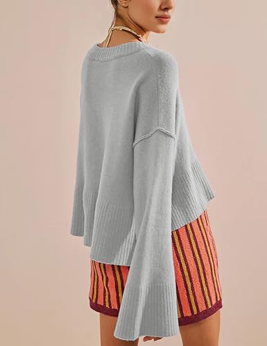 Image of Womens Lightweight Sweaters Crewneck Bell-Style Sleeve Batwing Knit Tops Slouchy Soft Pullover Jumpers(Grey02-X-Small)