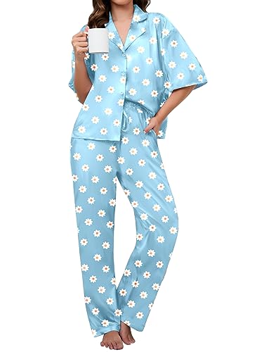 Famulily Womens Soft Cotton Pyjamas Set Sexy V Neck Pajamas Button Down Pjs Loungewear Set Blue XXL
