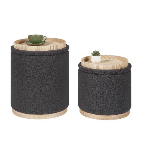 PINPLUS Round Ottoman with Storage Set of 2, Storage Ottoman with Tray, Boucle Ottoman Storage Cube Modern Multifunctional Foot Rest Stool for Bedroom, Living Room, Dorm (Dark Grey) by PINPLUS - Used condition - CA$98.76