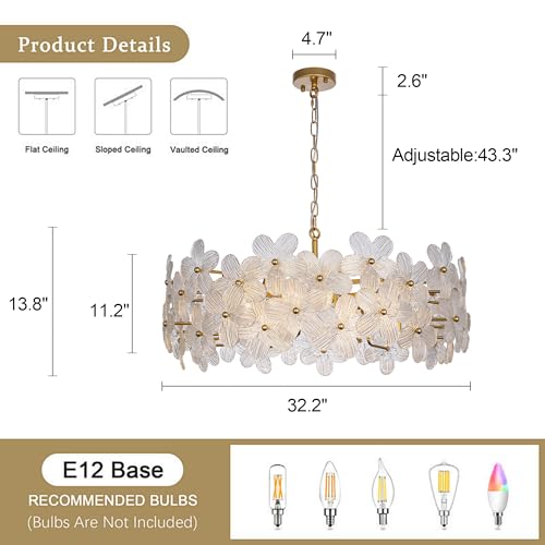 Wellmet 32 Inch Gold Glass Chandelier, Modern Crystal Chandeliers for Dining Room, Contemporary Round Glass Ceiling Light for Living Room Bedroom, Entryway, Foyer, Kitchen - image 3