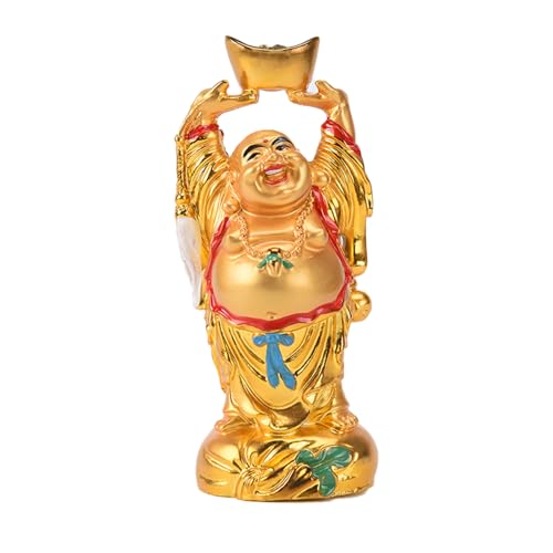 BRABUD Resin Feng Shui Golden Laughing Buddha Holding Ingot Statue