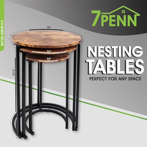 7Penn Round Nesting Tables Set of 3 - Wood Accent Nightstand Set Small Coffee Tables for Living Room or Bedroom
