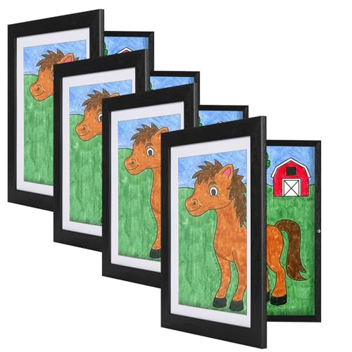 Image of 4 Pack Kids Art Frames Black, 10x12.5 Child Artwork Display Frame Without Mat Changeable Front Opening, 8.5x11 Frame With Mat, Children Storage Frame Hold 50pcs Craft, Drawing, Art Project, Schoolwork