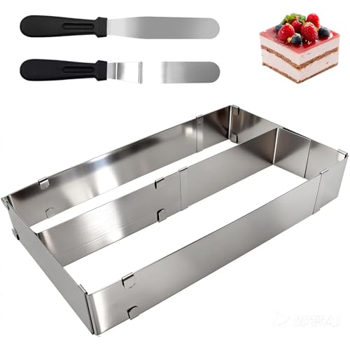 FORYNXHWIN Telaio da forno rettangolare regolabile – Stampo da forno in acciaio inox allungabile con divisore e 2 spatole, stampo quadrato lavabile in lavastoviglie per cottura e preparazione di torte