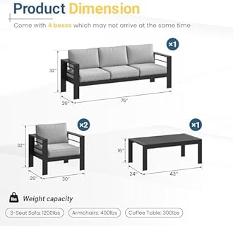 Solaste Aluminum Patio Furniture Set for All Weather, Oversized Outdoor Furniture Set with 27.5" Deep Seating and 3.2" Wide Armrest, Outdoor Patio Conversation Sets with 5" Cushion,Black and Grey