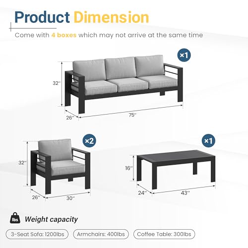 Solaste Aluminum Patio Furniture Set for All Weather, Oversized Outdoor Furniture Set with 27.5" Deep Seating and 3.2" Wide Armrest, Outdoor Patio Conversation Sets with 5" Cushion,Black and Grey