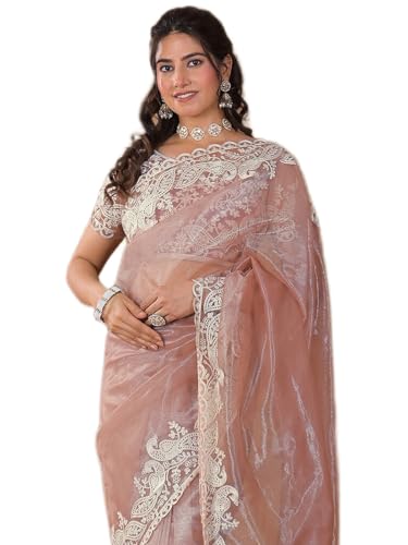 Image of Satrani Women's Net Embroidery Saree with Unstitched Blouse Piece