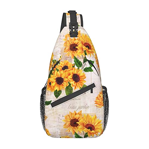 LAKUERVI Sunflower Chest Sling Bag Romantic Sunflowers on Old Fashioned Letters Flowers Crossbody Shoulder Backpack Adjustable Lightweight Travel Hiking Casual Daypack for Men Women