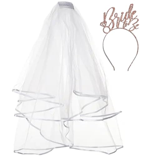 Bride Sash and Veil - Set of 3: Rose Gold Glam Bride to Be White Bridal Grade Satin Sash, Matching Headband, & White Veil - Bachelorette Party Outfit Idea - Gift Set3(SLV Dia)3